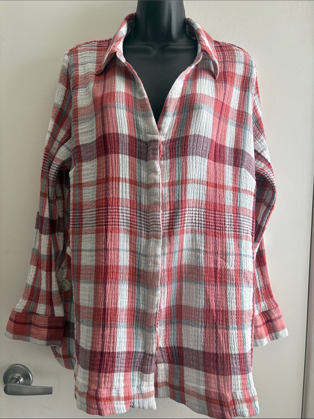Soft Surroundings Cotton Preppy Red & White Plaid Button-Front Tunic SZ 1X